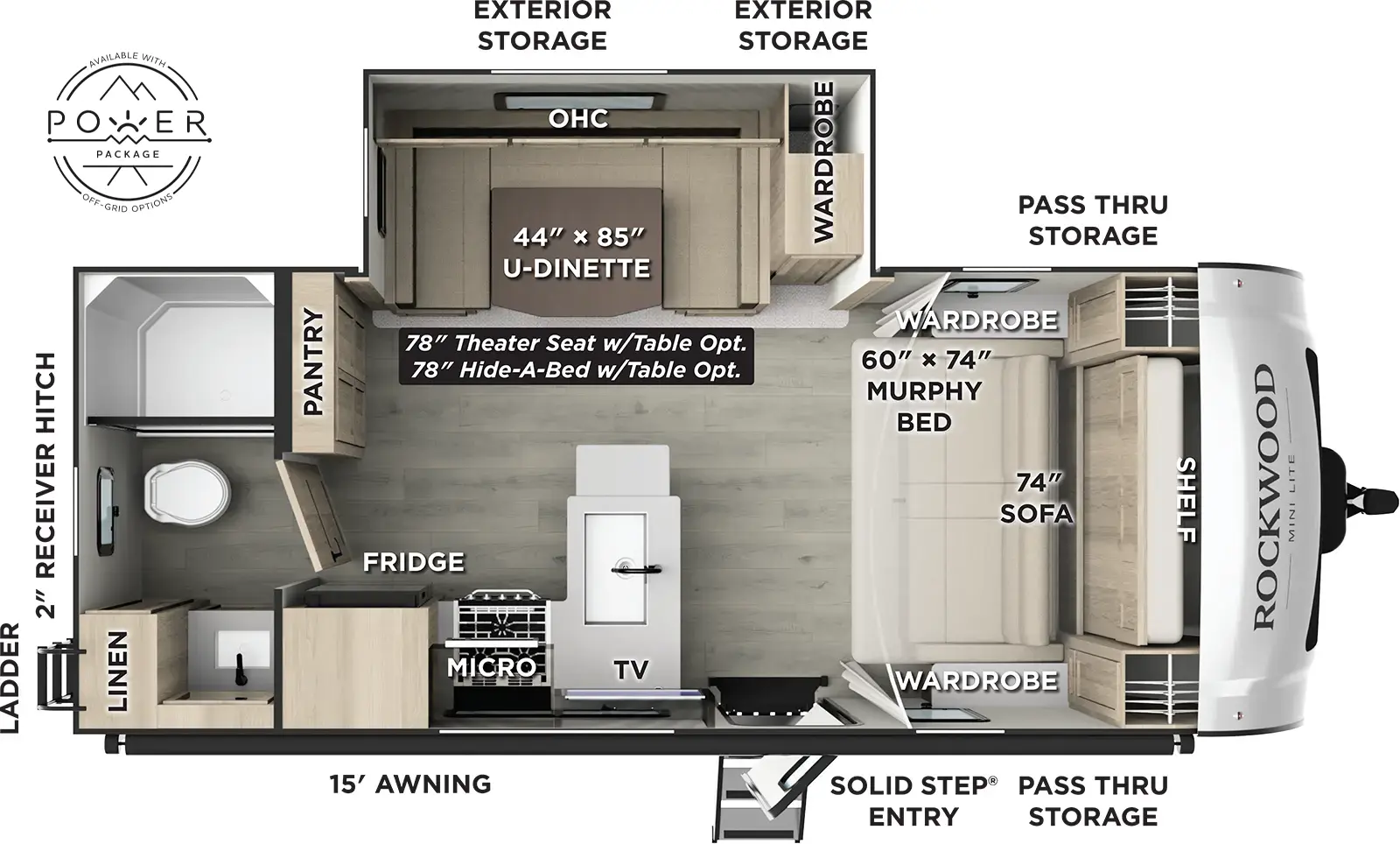 The Rockwood Mini Lite 2214S floorplan has one entry and one slide out. Exterior features include: fiberglass exterior and 15' awning. Interiors features include: u-dinette, murphy bed and rear bathroom.